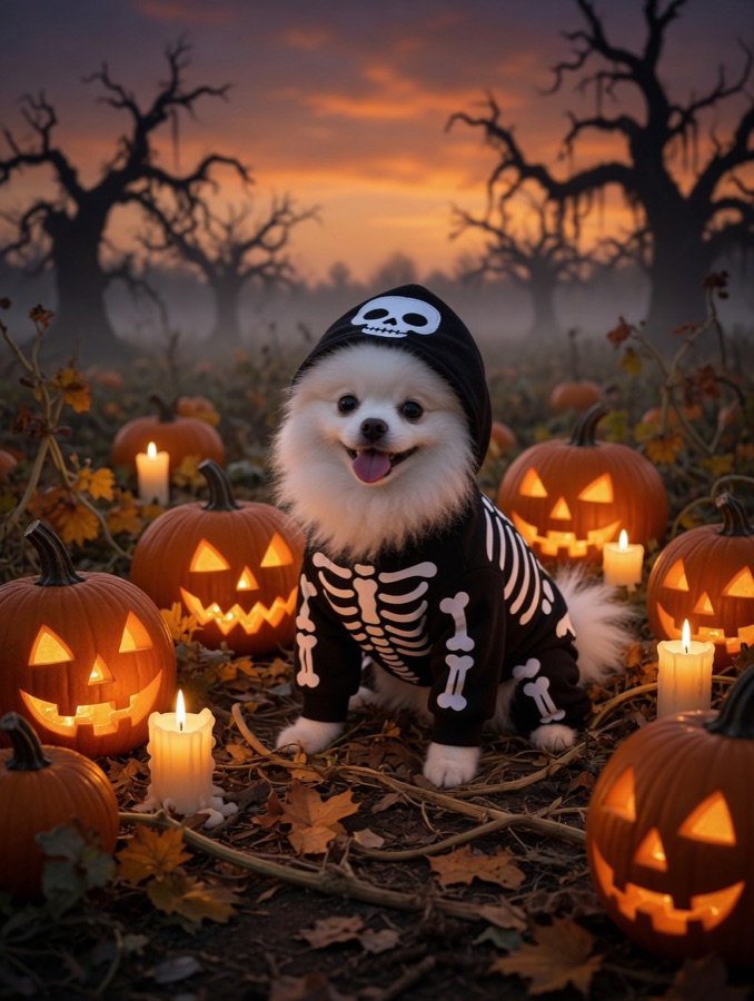 The Pomeranian in a skeleton hoodie surrounded by glowing jack-o'-lanterns at dusk